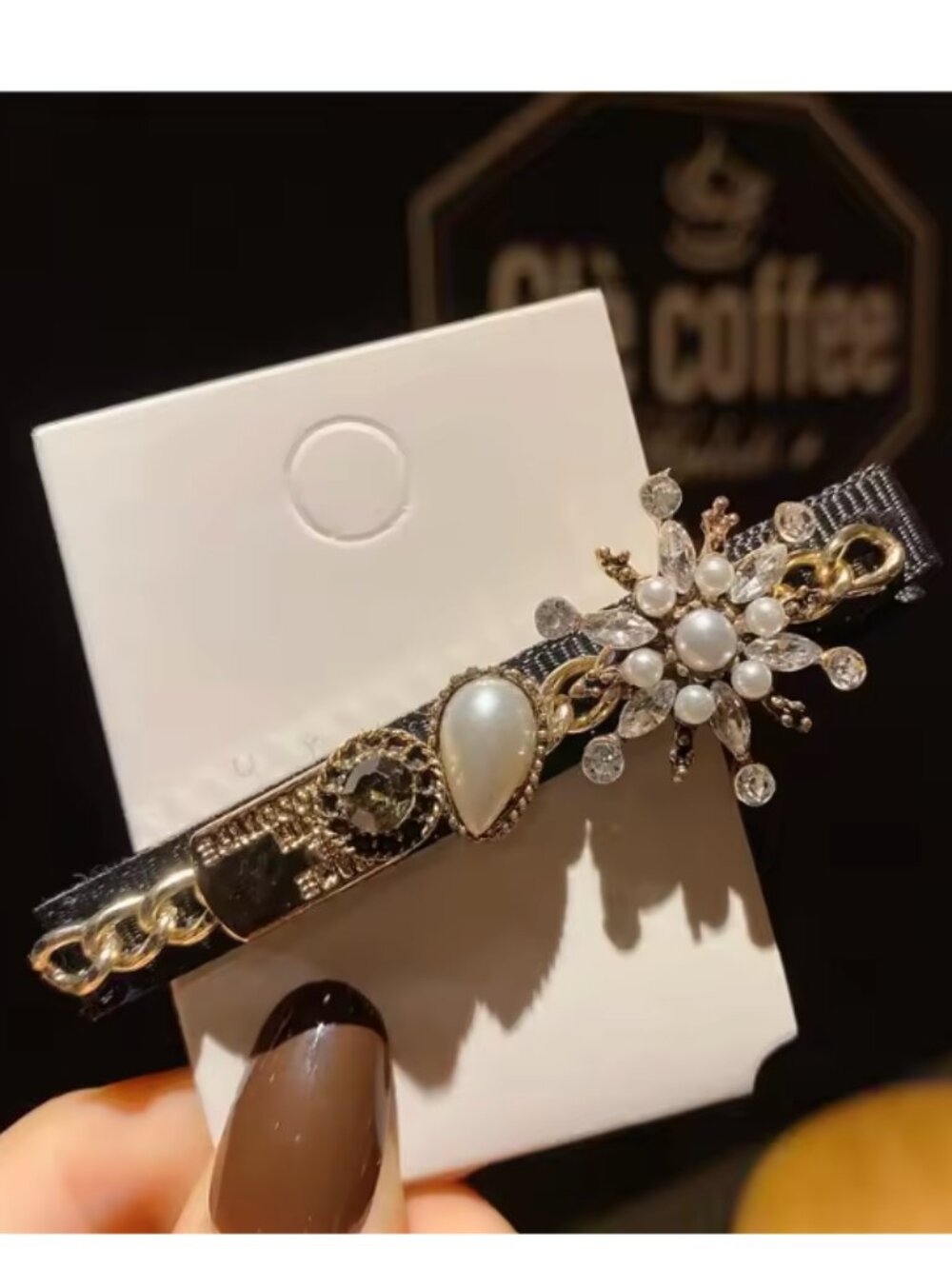 Pearl & Crystal Snowflake Hair Clip - Gold and Black
